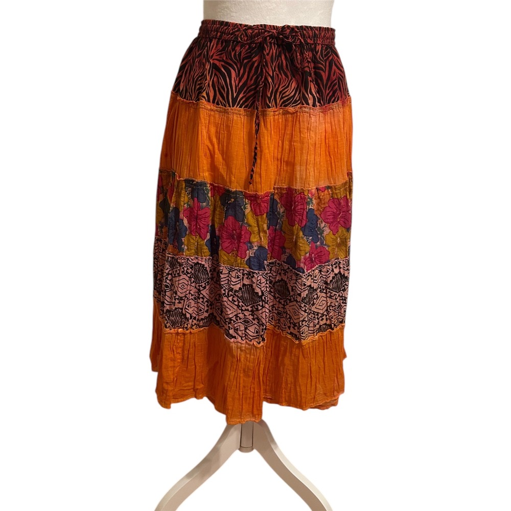 Vtg Large ethnic broomstick crinkle gypsy‎ tiered skirt orange mixed print boho